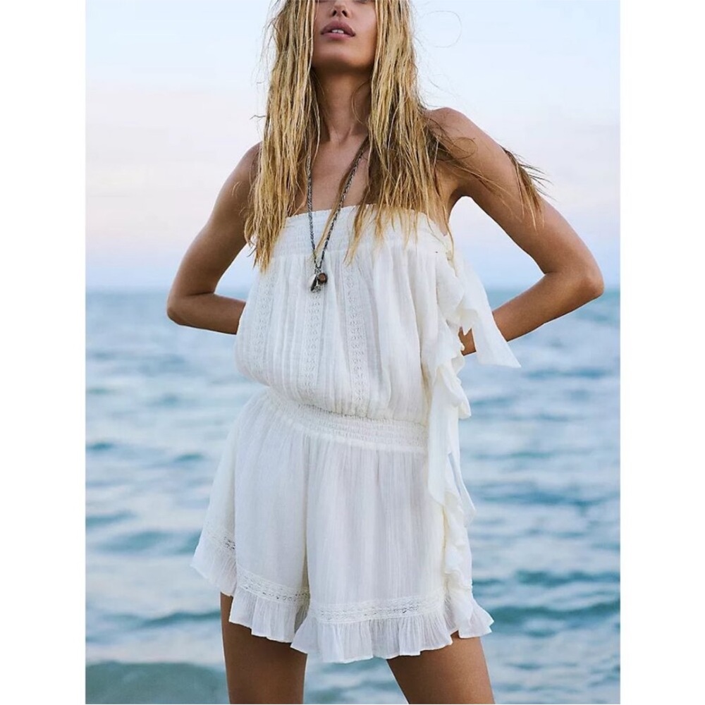Free People Ivory Strapless Crochet-Trim Romper